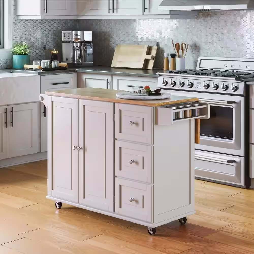 HOMESTYLES Dolly Madison White Kitchen Cart with Natural Wood Top