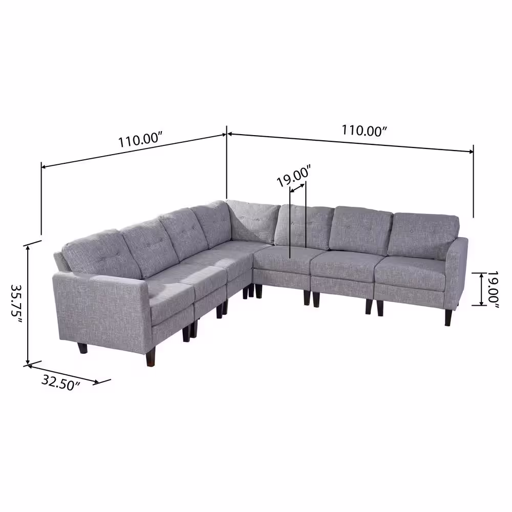 Noble House 7-Piece Gray Tweed/Dark Brown Polyester 6-Seater L-Shaped Sectional Sofa with Wood Legs