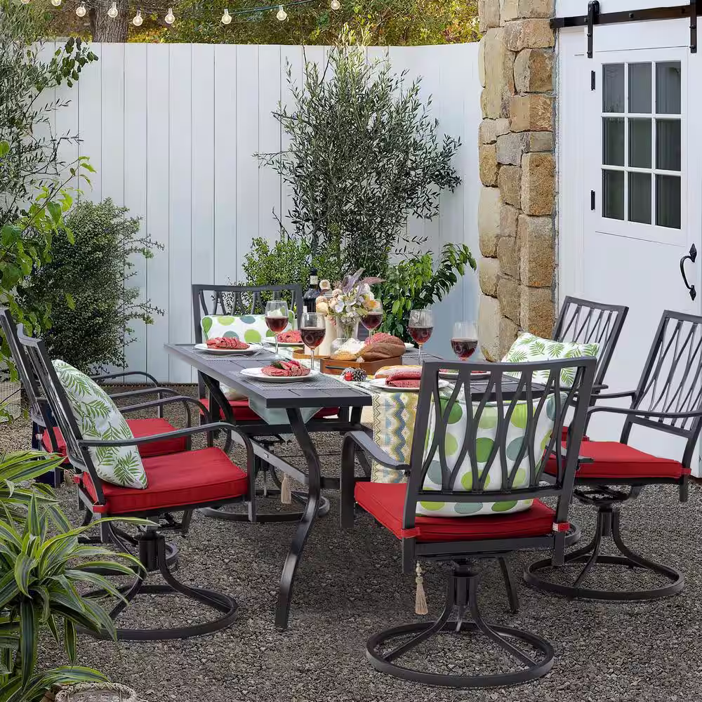 Nuu Garden Black 7-Piece Metal Rectangle Outdoor Dining Set with Red Cushion Patio Furniture Set with Swivel Dining Chair