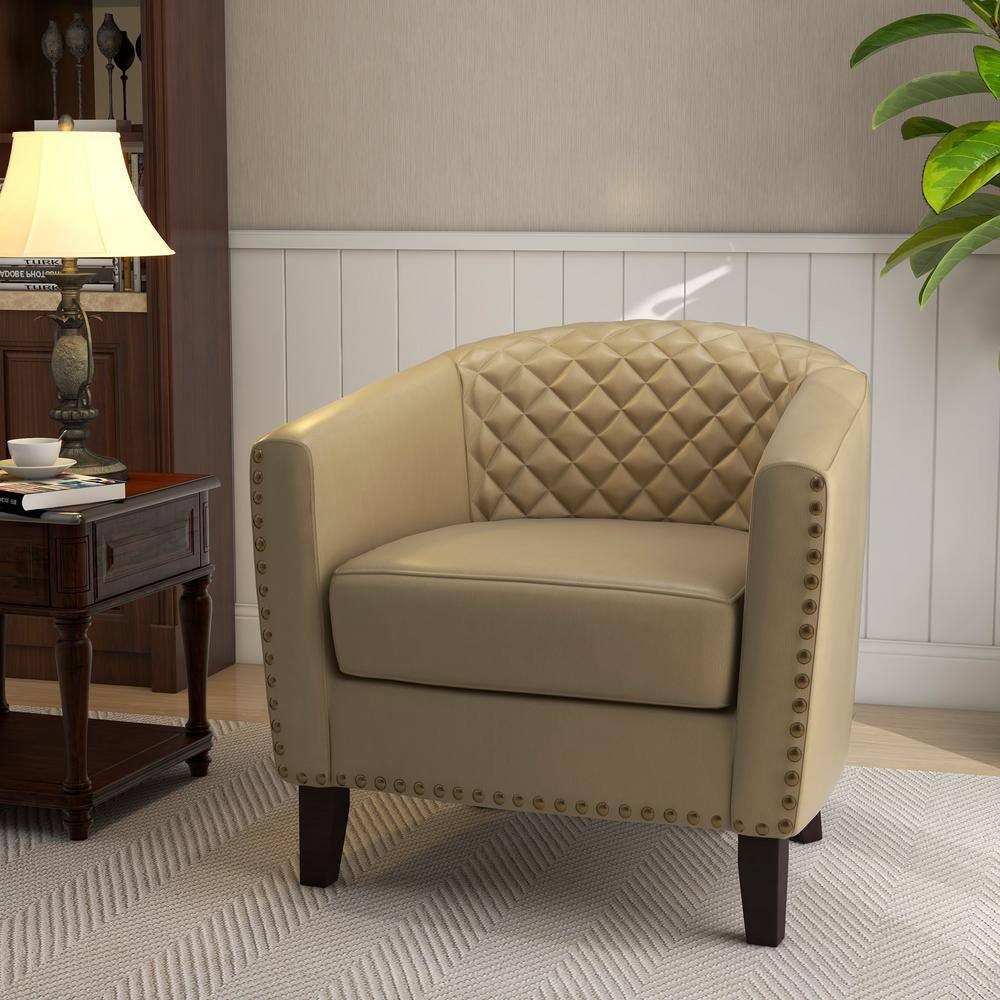 None Modern Beige Solid Wood Legs PU Leather Upholstered Accent Barrel Chair With Nailhead Trim