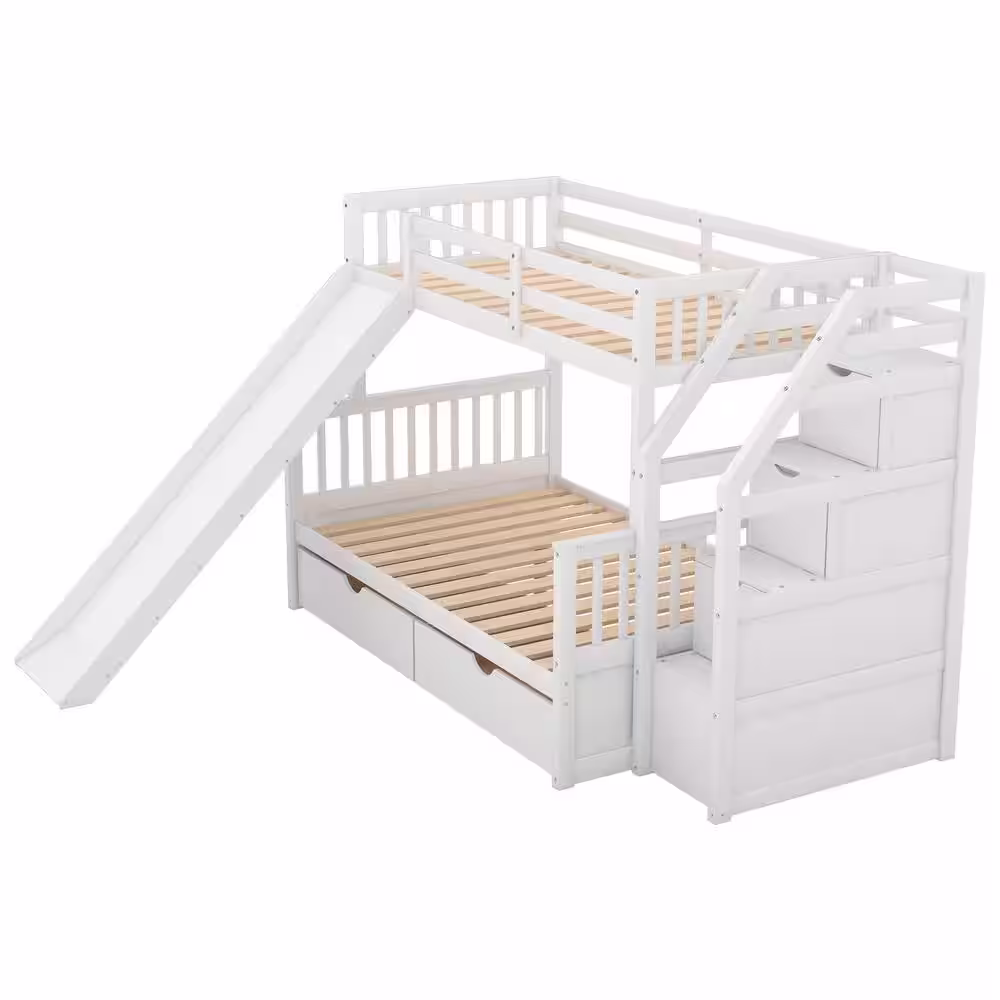 Harper & Bright Designs White Twin Over Full Bunk Bed with Drawers and Slide