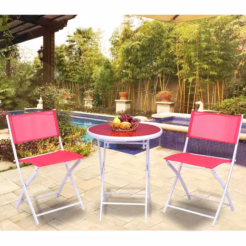 None 3-Piece Folding Metal Outdoor Patio Bistro Table Chair Sets in Red