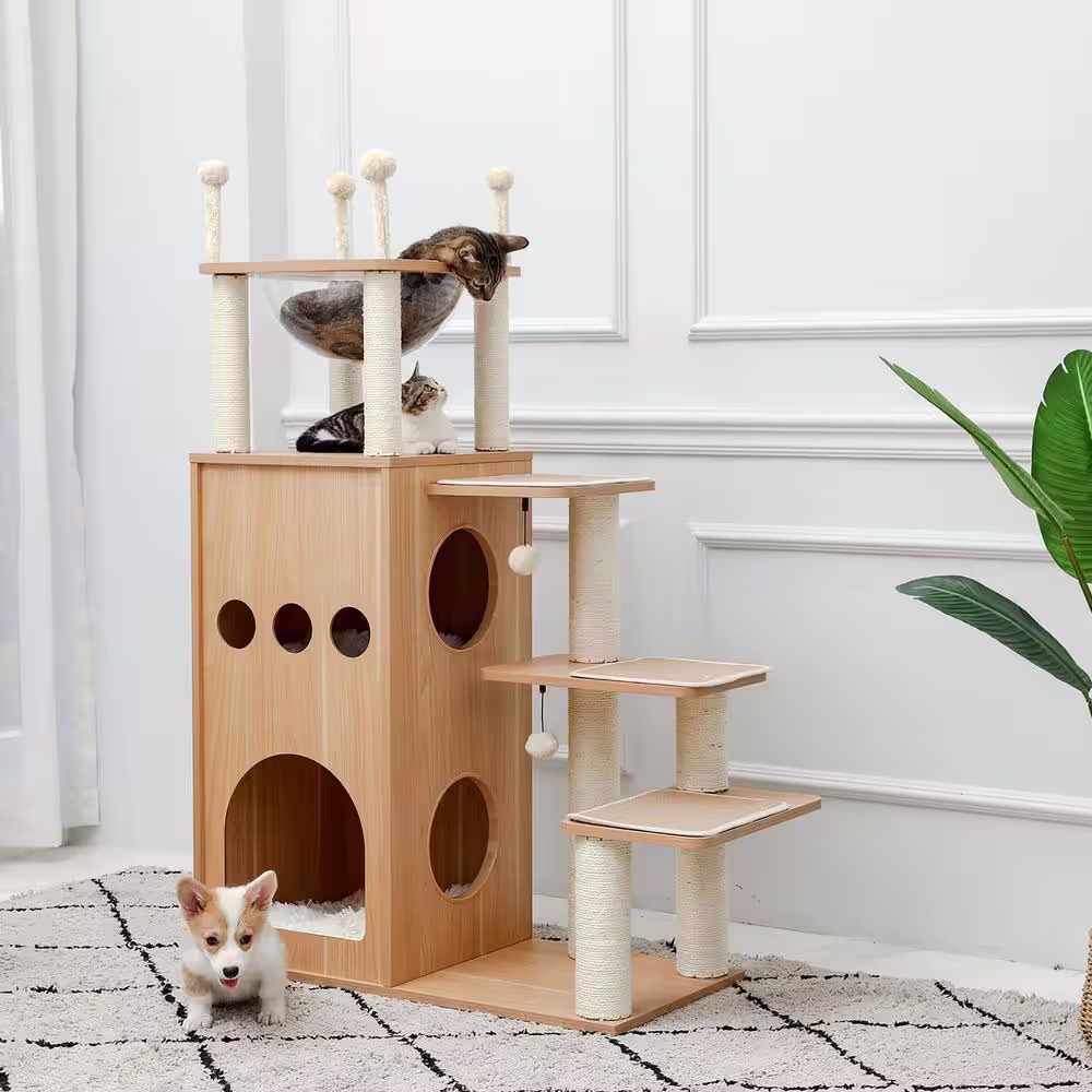 Foobrues Wooden Cat Tree Multi-Level Cat Tower with Fully Sisal Covering Scratching Posts, Deluxe Condos and Capsule Nest