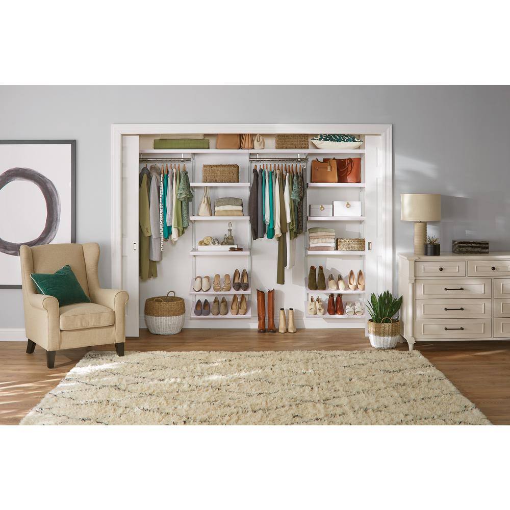 Everbilt Genevieve 8 ft. White Adjustable Closet Organizer Long Hanging Rod with Double Shoe Rack and 4 Shelves