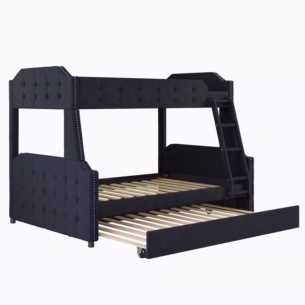 Polibi Black Twin over Full Upholstered Bunk Bed with Trundle and Ladder, Tufted Button Design