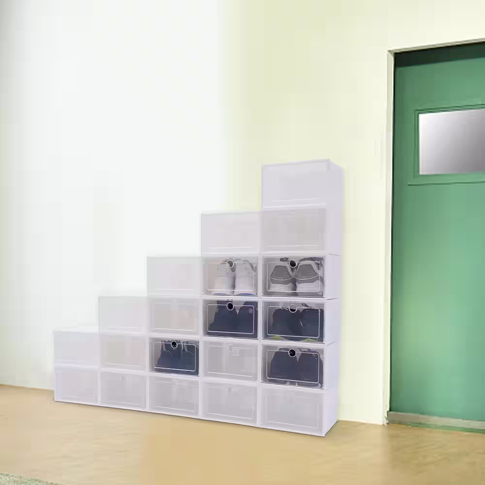 None 20-Pair White Stackable Plastic Shoe Boxes