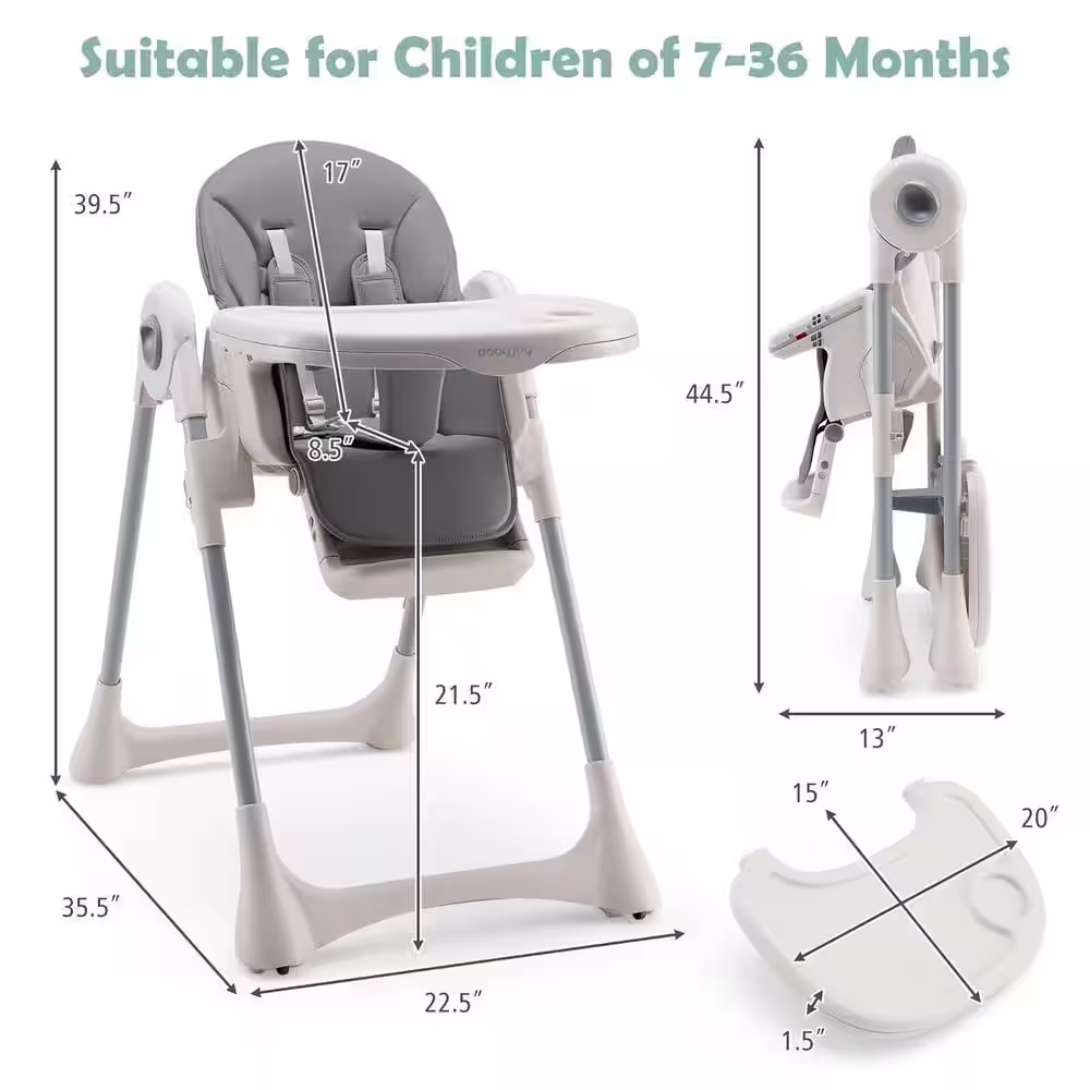 Gymax Gray Baby High Folding Dining Chair with Adjustable Height and Footrest