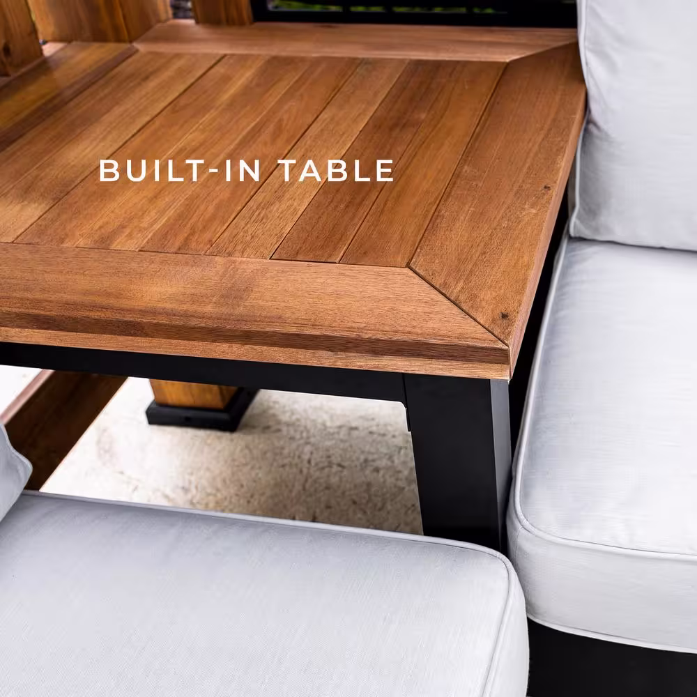 Backyard Discovery Tuscany 9 ft. x 9 ft. Light Brown Wooden Cabana Pergola with Bamboo Privacy Panels and Pumice Conversation Seating