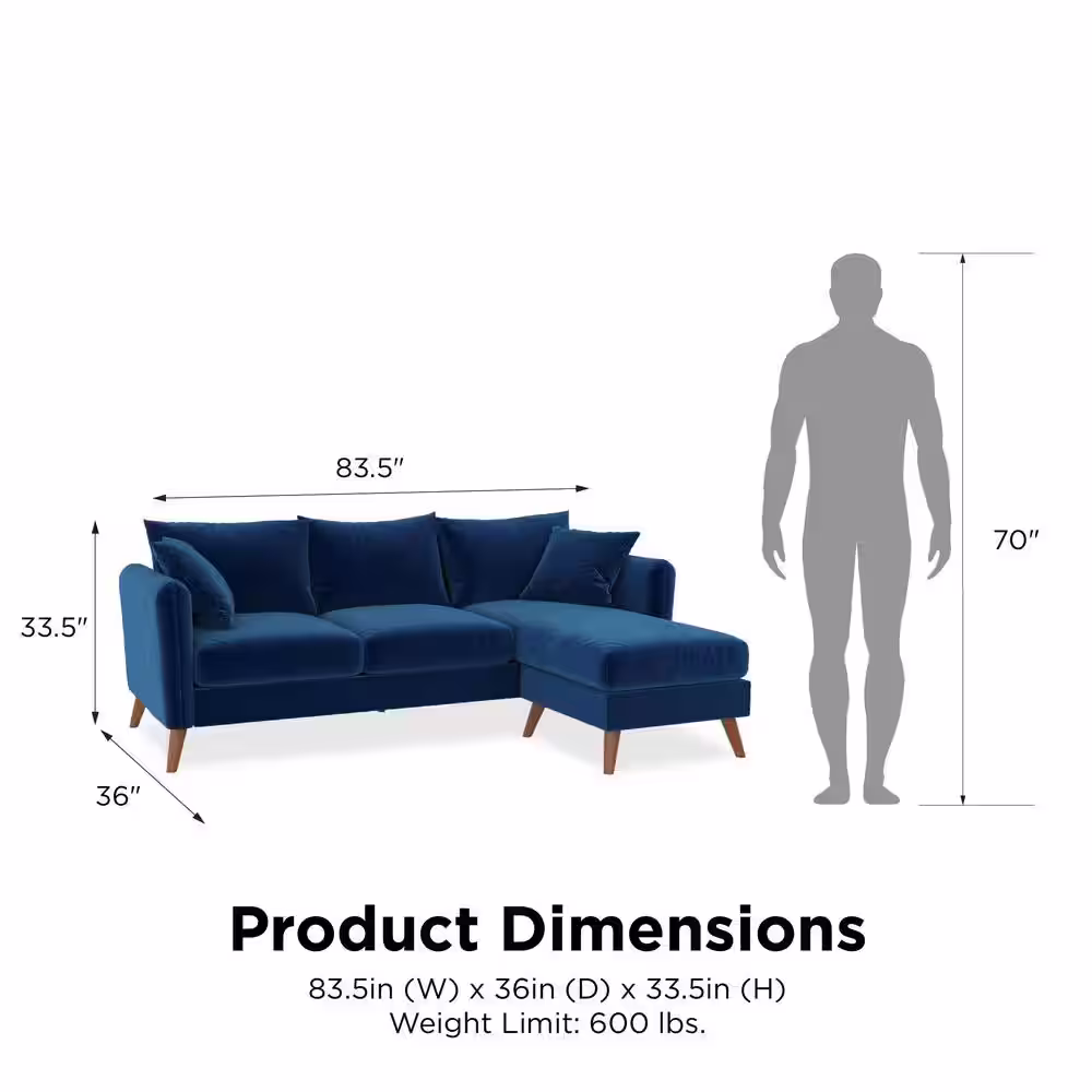 Novogratz Magnolia 84 in. Rounded Arm 1-Piece Velvet L Shaped Reversible Sectional Sofa in Blue w/Pocket Coils and Pillows