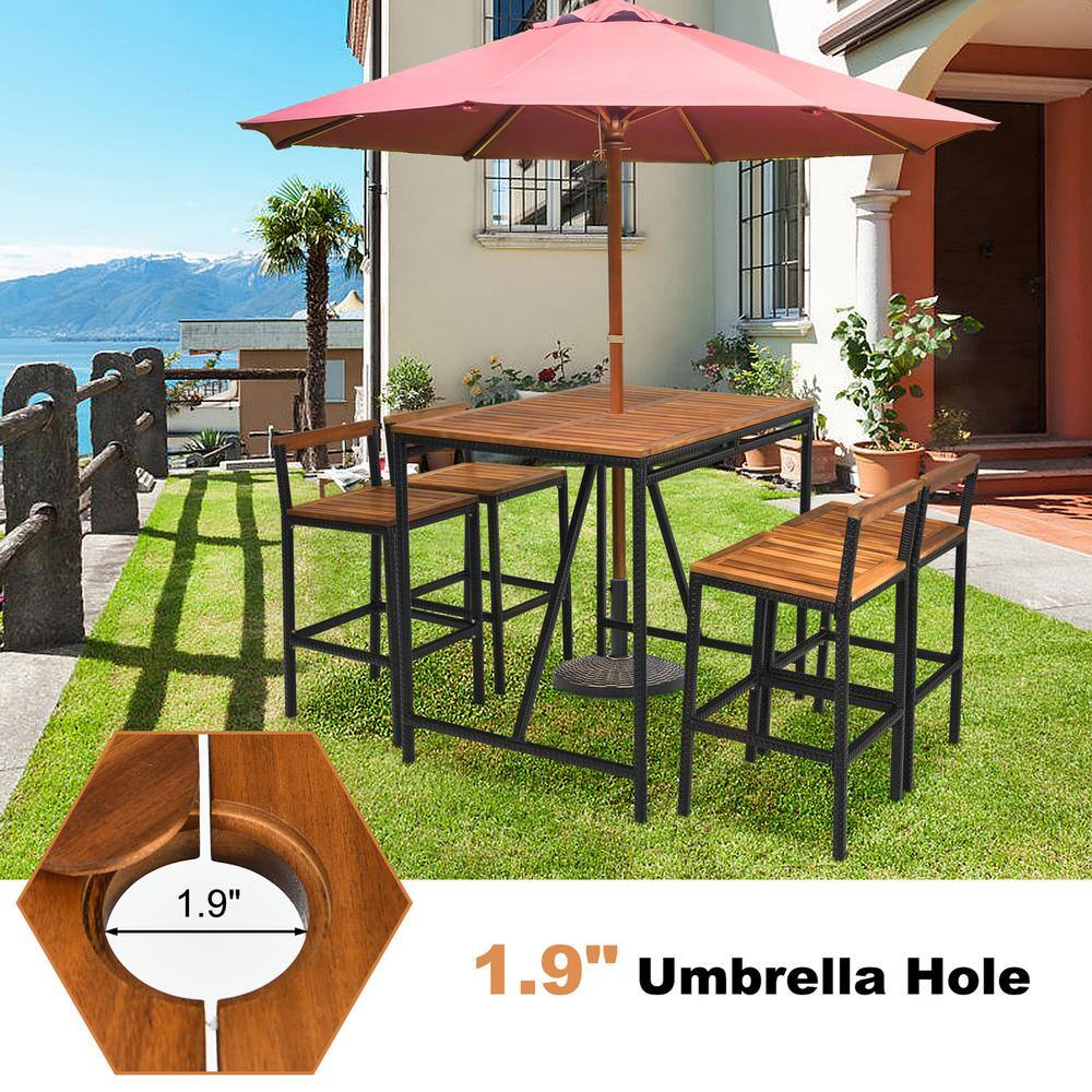 Gymax 5-Pieces PE Rattan Patio Bar Table Set High-Dining Bistro Set with Acacia Wood Top