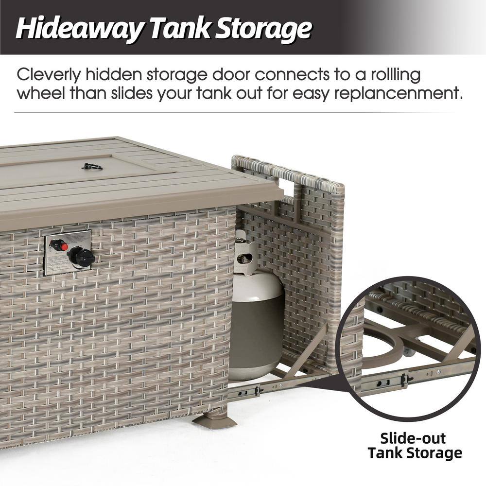 None 43.3 in. W Beige Brown Wicker Gas Fire Table Patio Propane Aluminium Rectangle Gas Fire Pit with Glass Wind Guard