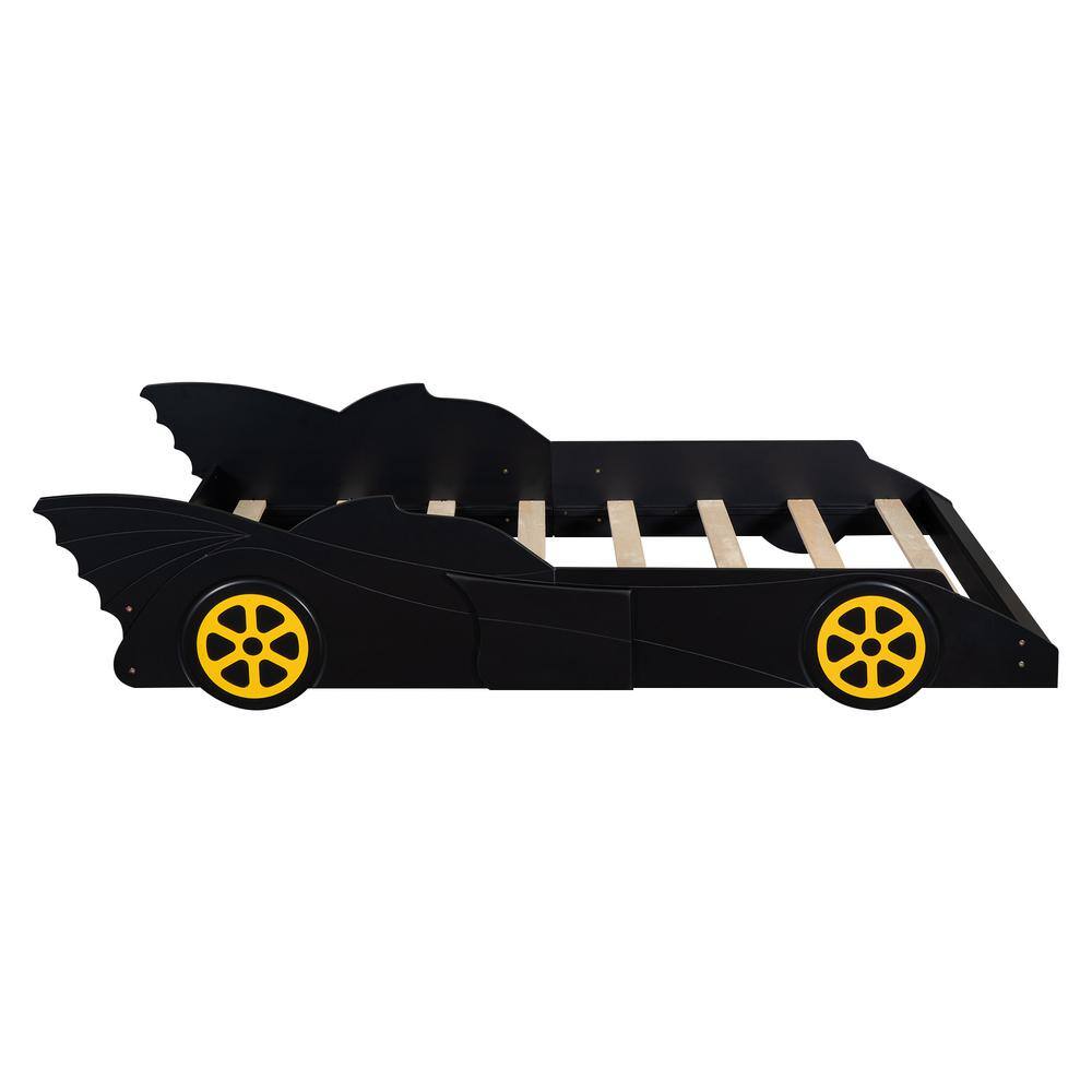 Harper & Bright Designs Black Wood Frame Twin Size Race Car-Shaped Platform Bed with Yellow Wheels
