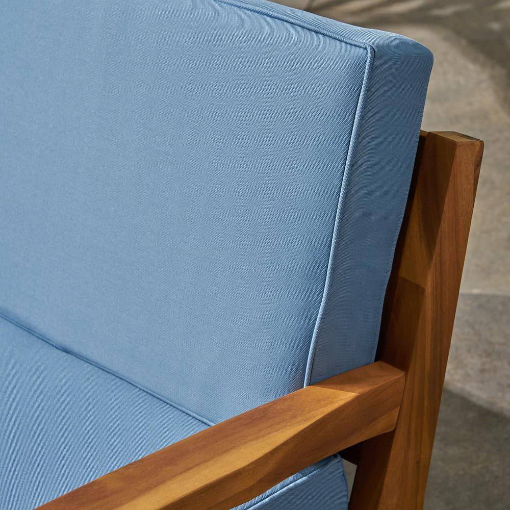 Noble House Grenada Teak Brown 5-Piece Acacia Wood Patio Conversation Sectional Seating Set with Blue Cushions