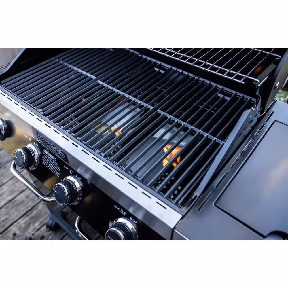 Monument Grills 4-Burner Propane Gas Grill in Black with ClearView Lid, LED Controls, Side Burner and USB Light