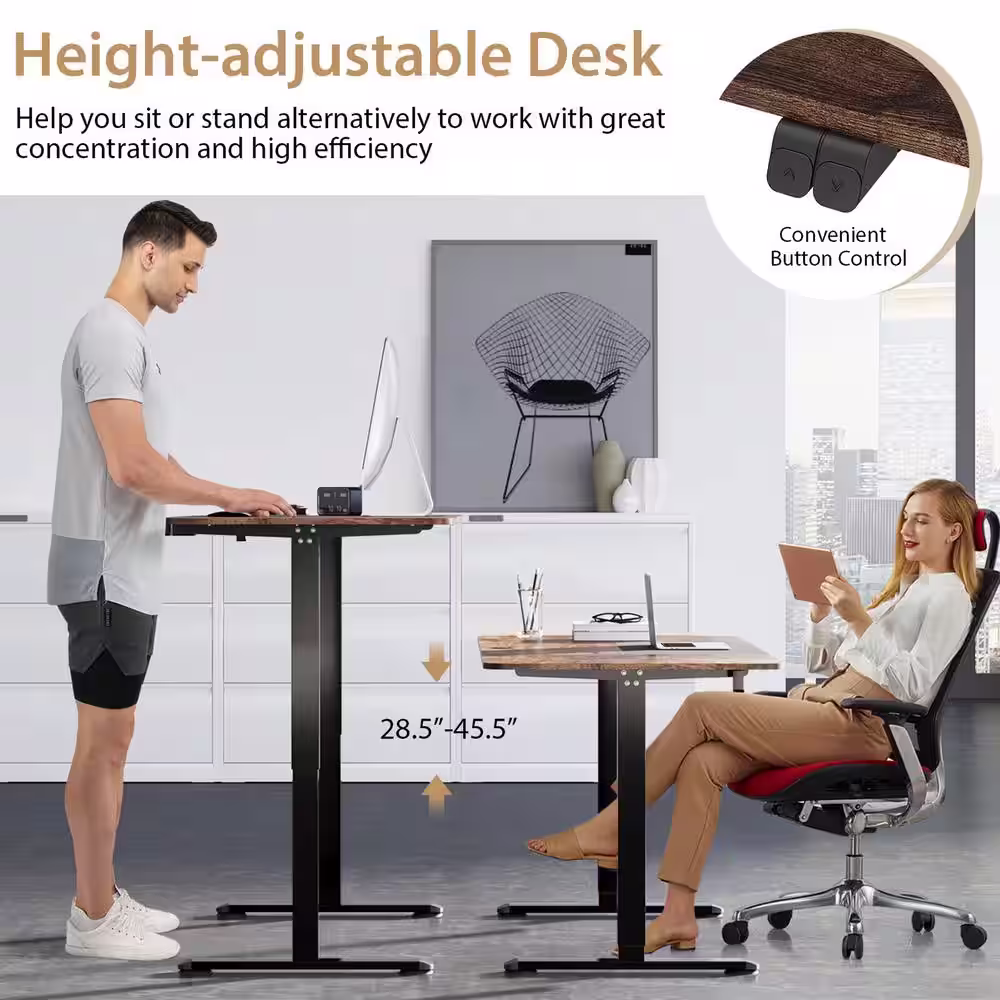 Gymax 55 in. Rustic Electric Standing Desk Height Adjustable Home Office Table with Hook