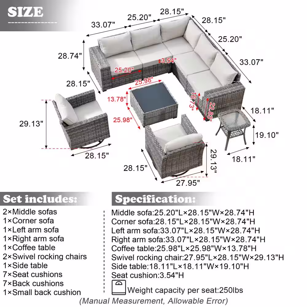HOOOWOOO Crater Grey 9-Piece Wicker Wide-Plus Arm Patio Conversation Sofa Set with Swivel Rocking Chairs and Beige Cushions