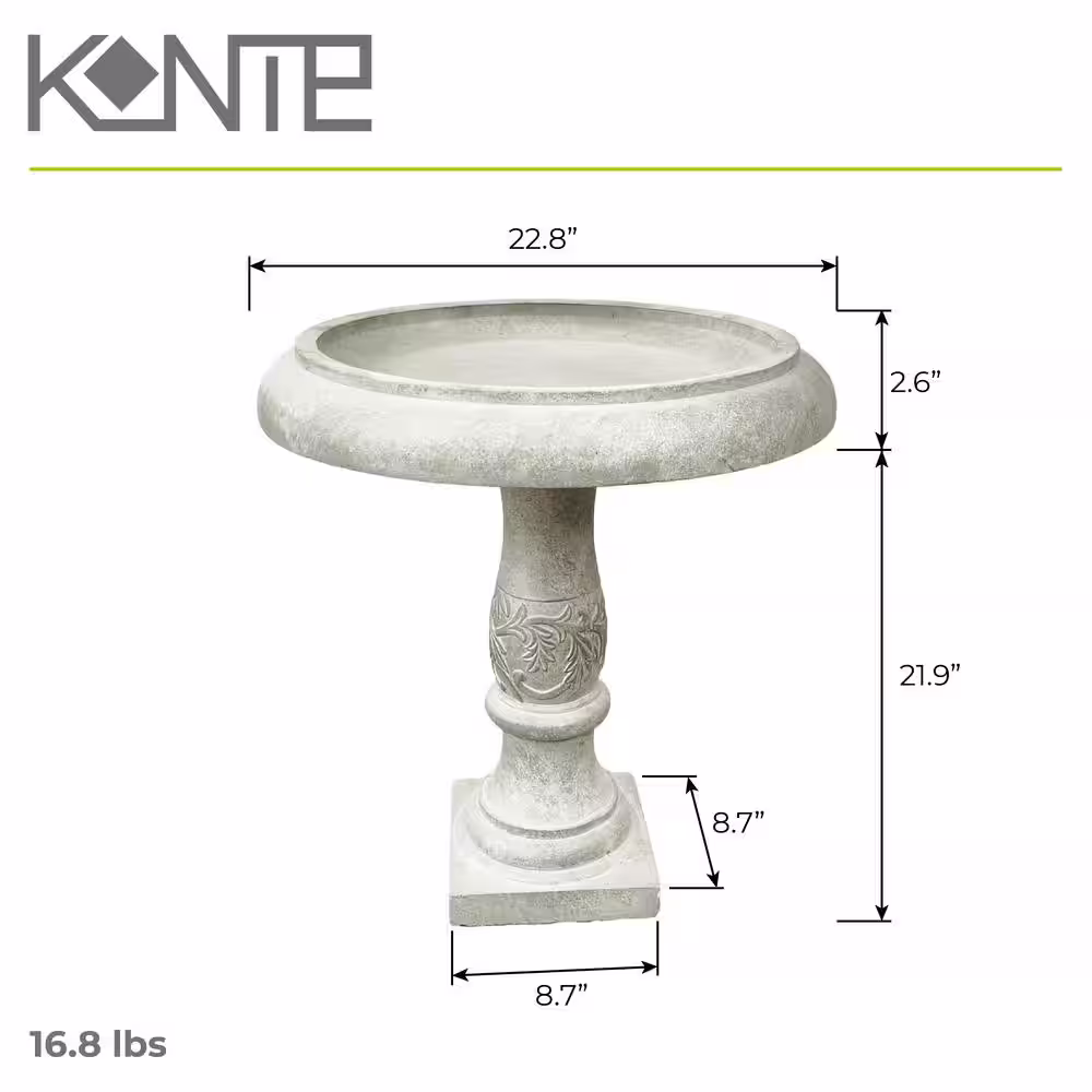 KANTE 22.8 in. Dia Weathered Concrete Lightweight Traditional Flower Pattern Birdbath
