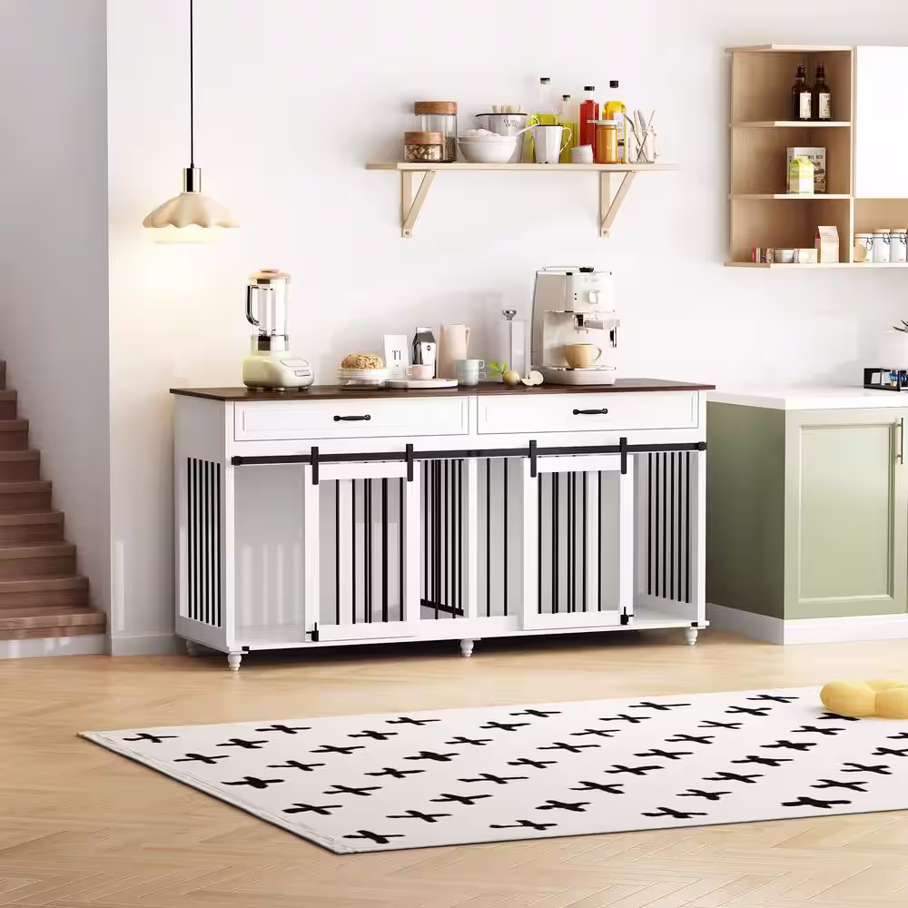 None Large Dog Crate Furniture with 2 Drawers, Wooden Double Dog Crate Kennel Furniture with Sliding Door, Removable Irons