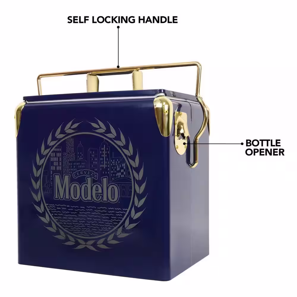 None Modelo Retro Ice Chest Beverage Cooler with Bottle Opener 13L (14 qt.) 18 Can, Blue and Gold