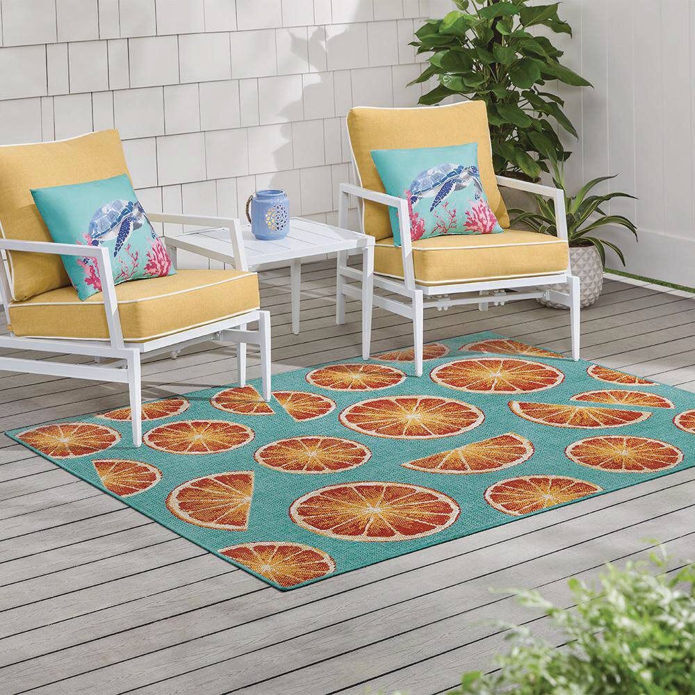 Hampton Bay Orange/Blue 8 ft. x 10 ft. Tropical Orange Slices Indoor/Outdoor Area Rug