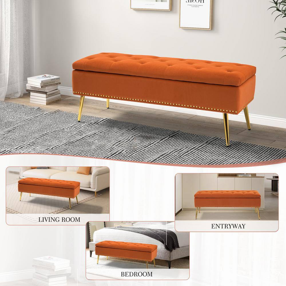 JAYDEN CREATION Hippolytus Orange Fabric Top Tufted 45.5 in.Wx15.5 in.Dx18.5 in.H Storage Bench with Nailhead Trim