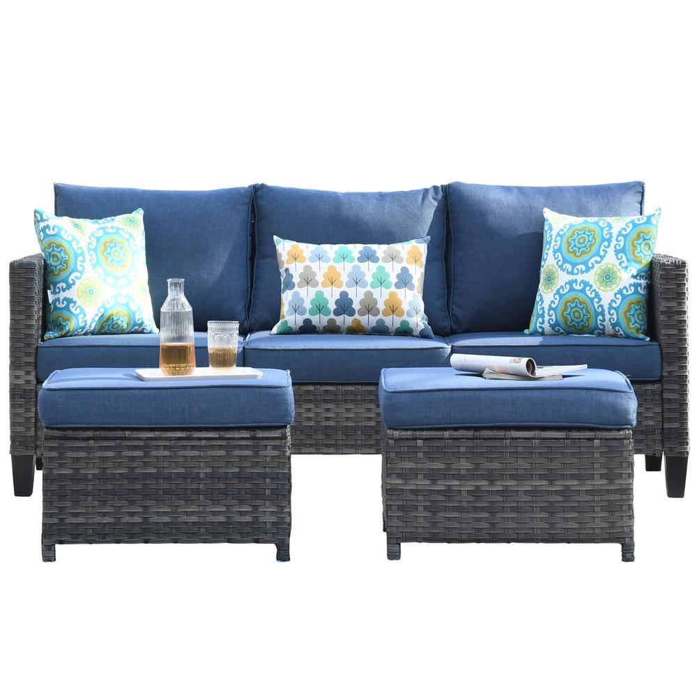 XIZZI Neptune Gray 8-Piece Wicker Patio Conversation Seating Sofa Set with Denim Blue Cushions and Swivel Rocking Chairs