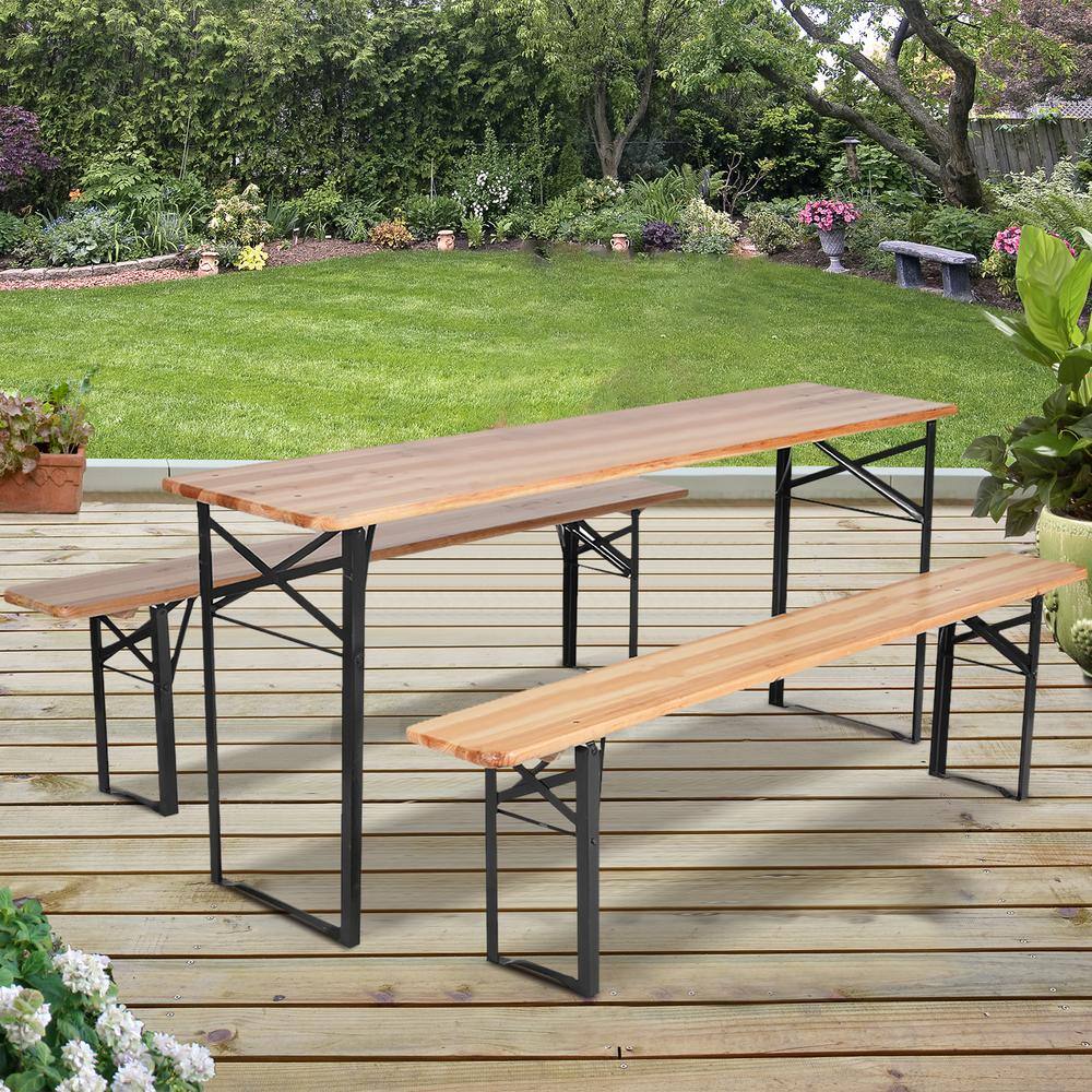 ANGELES HOME Natural Rectangle Metal Outdoor Picnic Table with 2 Benches