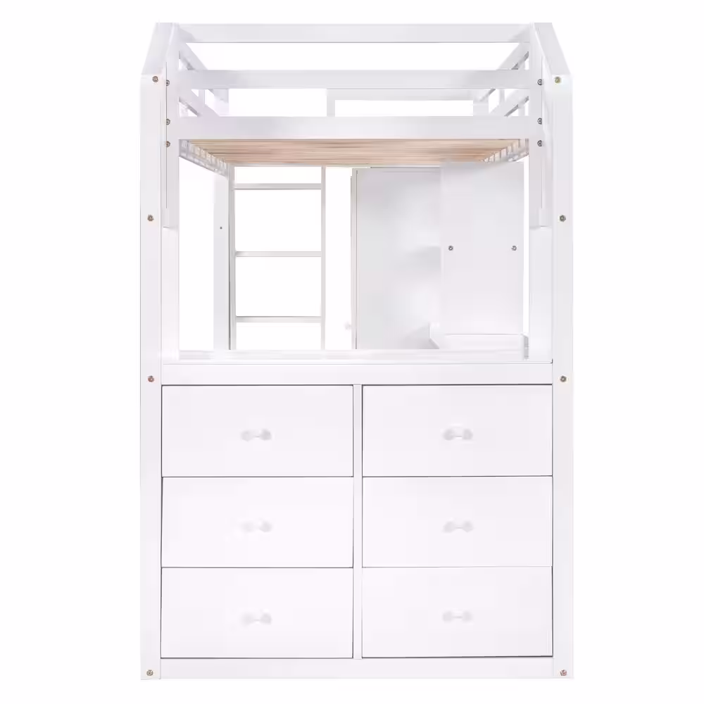 Harper & Bright Designs White Twin Loft Bed with Wardrobe, 7-Drawers and Attached Desk with Shelves