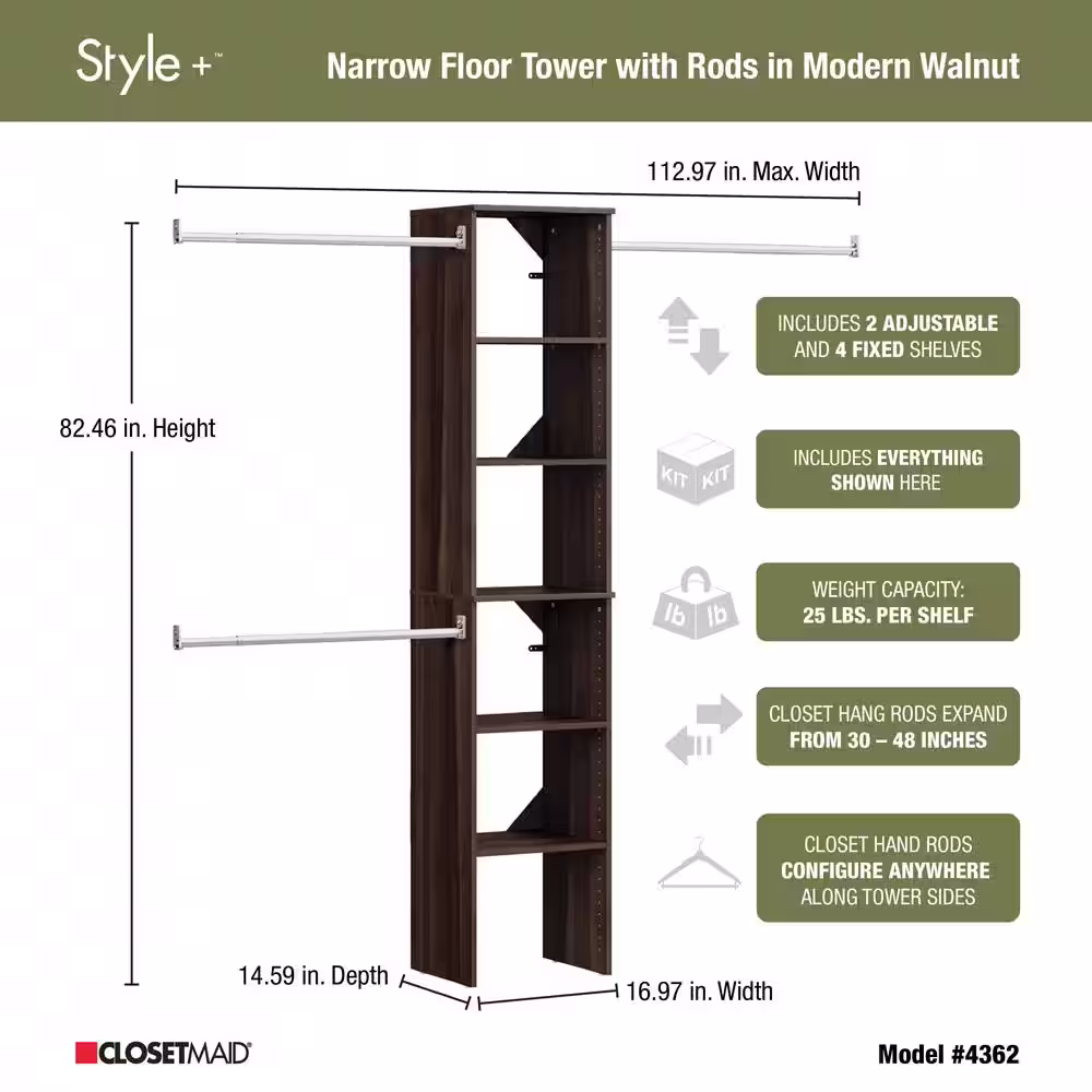 ClosetMaid Style+ 72 in. W - 113 in. W Modern Walnut Narrow Wood Closet System