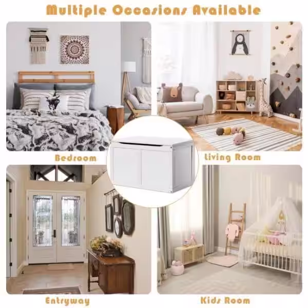 None Safety Hinge Wooden Flip-Top Storage Box in White