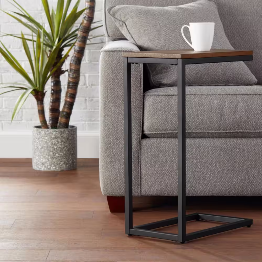 StyleWell Donnelly Black C-Shaped Side Table with Haze Wood Top