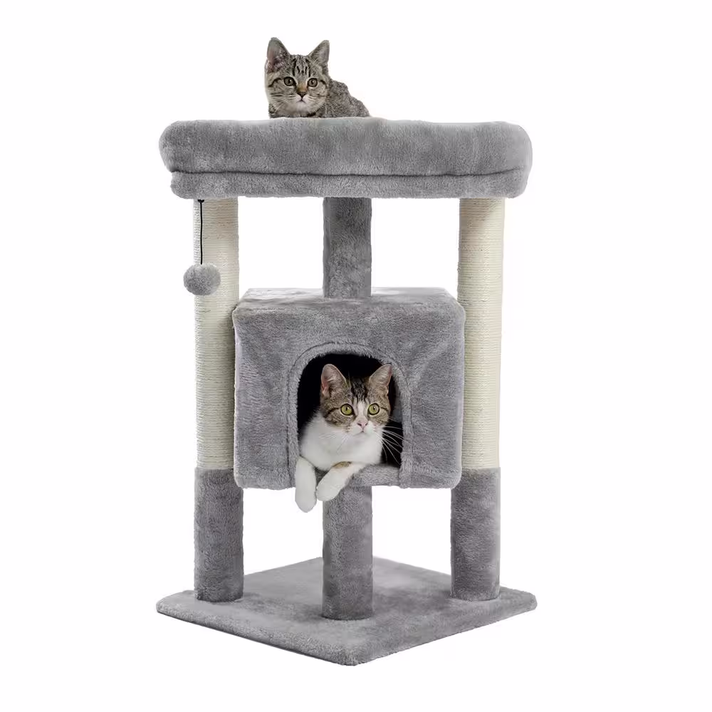 Foobrues 28.40 in. H Pet Cat Scratching Posts and Trees Cat Bed with Condos and Replaceable Dangling Balls in Gray