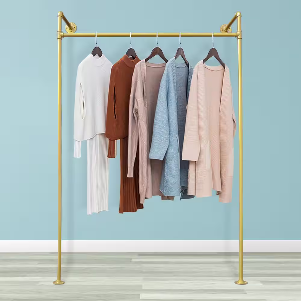None Gold Iron Clothes Rack Hanging Rod Pipe Wall Mounted Garment Rack 47.2 in. W x 66.9 in. H