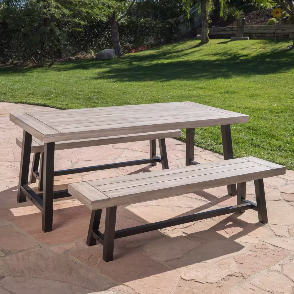 Noble House Carlisle Light Gray 3-Piece Wood and Black Metal Outdoor Dining Set