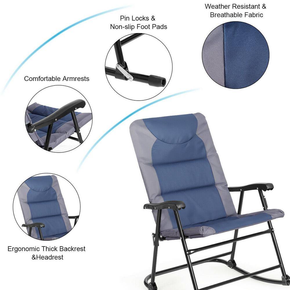 None 3-Piece Metal Outdoor Bistro Set Folding Rocking Chair Table Set with Blue Cushion