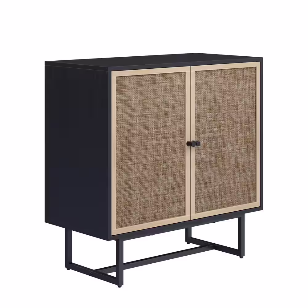 Nathan James Kova 32 in. Cane Rattan Doors Accent Cabinet with Black Metal Base and Adjustable Shelf, Set of 2