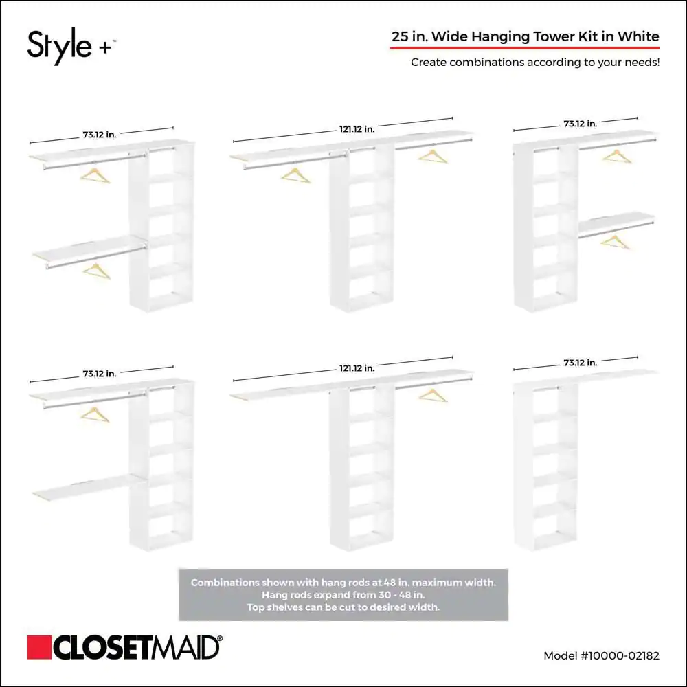 ClosetMaid Style+ 55.12 in. W - 121.12 in. W White Hanging Wood Closet System Kit with Top Shelves