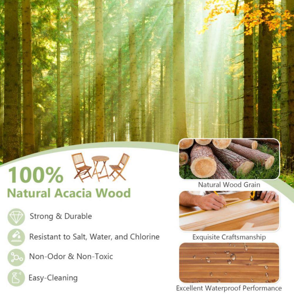 Clihome 3-Piece Acacia Wood Patio Conversation Set Folding Bistro Set with White Padded Cushion and Round Coffee Table