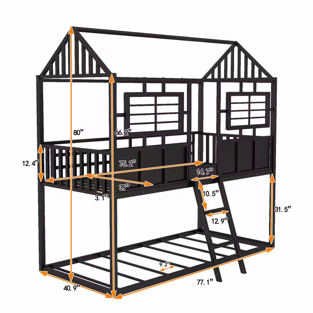 Harper & Bright Designs Black Twin over Twin Metal Bunk Bed with Roof and Fence-shaped Guardrail
