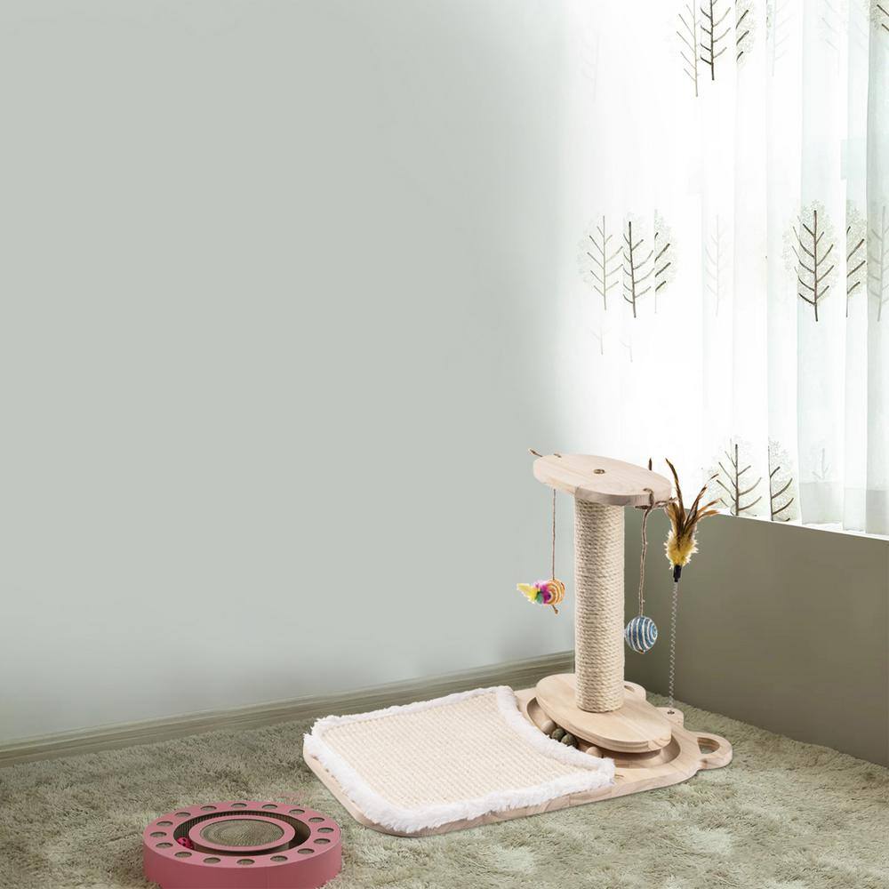 None 21.4 in. x 14.3 in. Wood Cat Ball Toy with Cat Scratching Post and 5 Interactive Balls