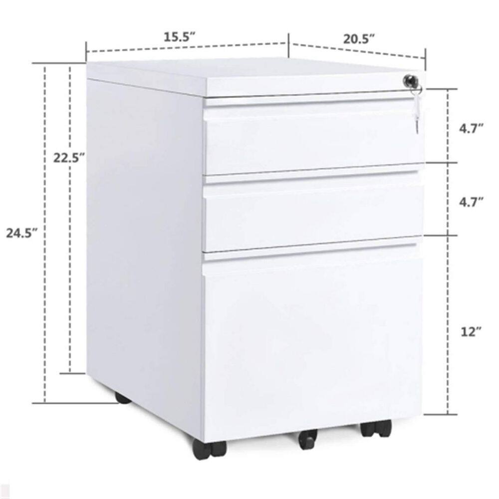 None 3-Drawer White Mobile File Cabinet