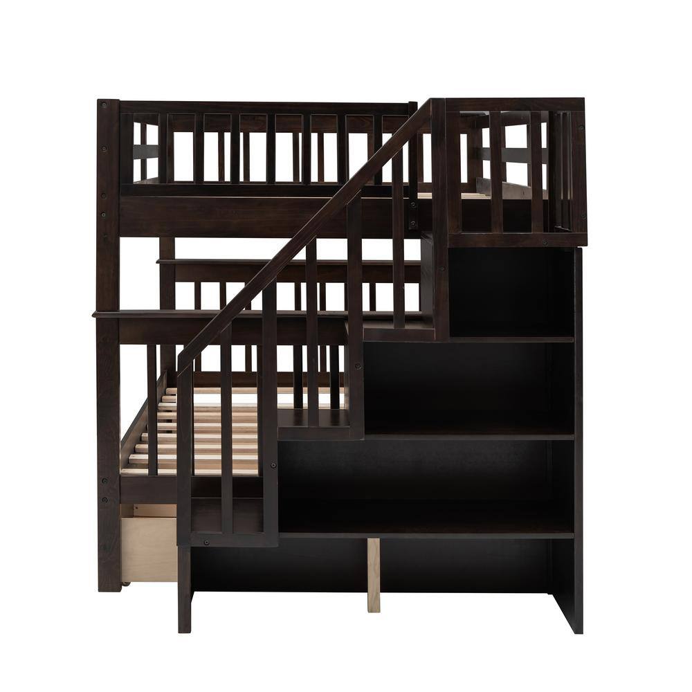 None Espresso Full Over Full Stairway Bunk Bed with 3 Drawers and Bookshelves, Wood Kids Bunk Bed Frame with Staircases