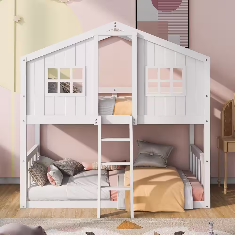 Harper & Bright Designs White Twin Over Twin Wood House Bunk Bed With Ladder