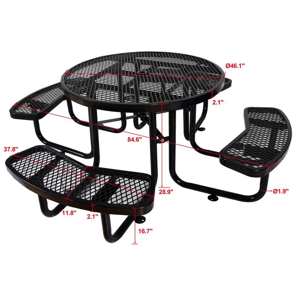 None 46 in. Black Round Steel Picnic Table Seats 8-People with Umbrella Hole