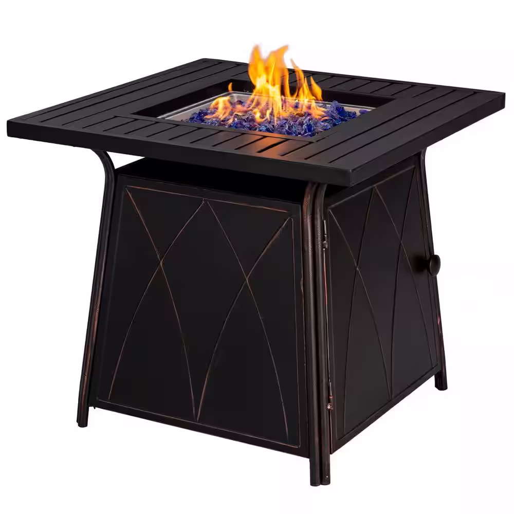 None 28.3 in. x 24.8 in. 50,000 BTU Square Metal Gas Fire Pit Table with Lid and Blue Fire Glass