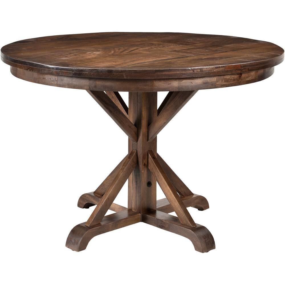 Hanover Annecy 5-Piece Natural Mango Wood Dining Set: 45 in. Round Table with Trestle Base and 4-Chairs