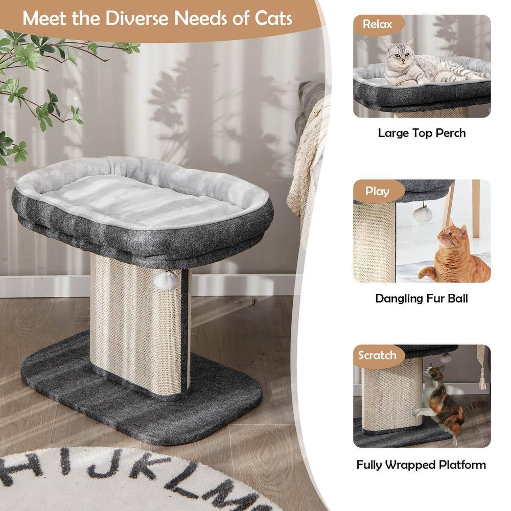 ANGELES HOME Gray Wood Modern Cat Tree Tower with Large Plush Perch and Sisal Scratching Plate