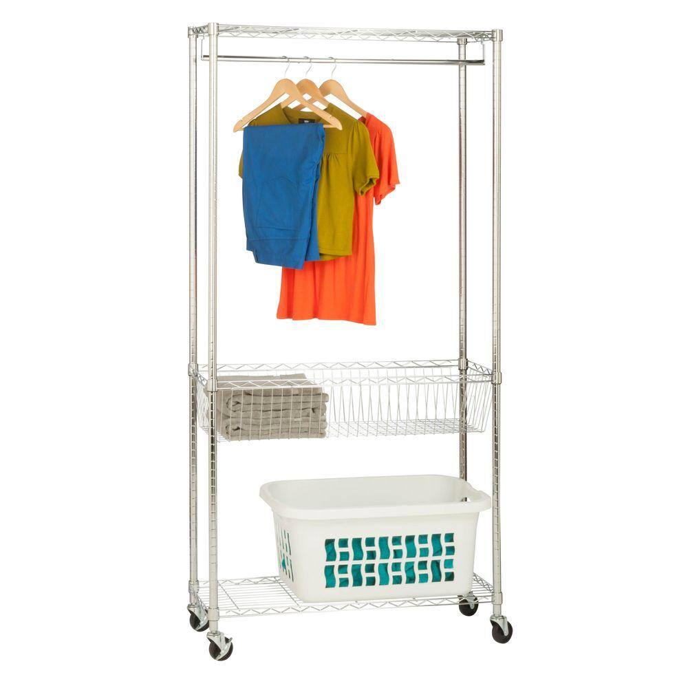 Honey-Can-Do Rolling Laundry Clothes Rack with Shelves, Chrome