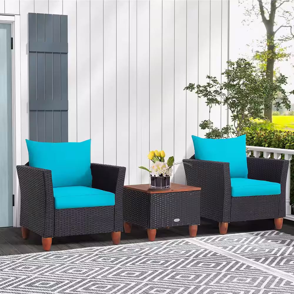 Costway 3-Pieces Patio Rattan Furniture Set Cushioned Sofa Storage Table Wood Top Turquoise