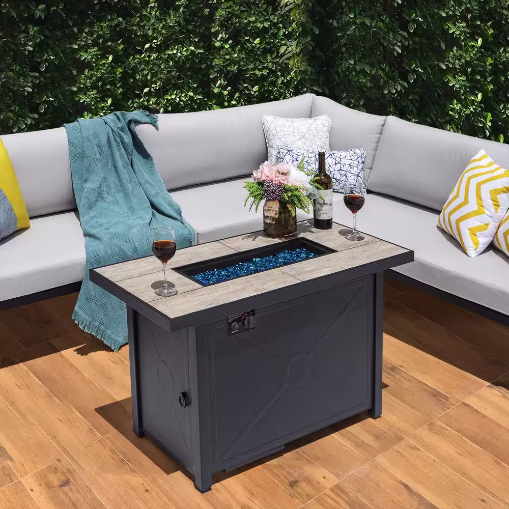 Nuu Garden 50,000 BTU 42 in. Square 24.8 in H Ceramic Propane Gas Fire Pit Table with Cover